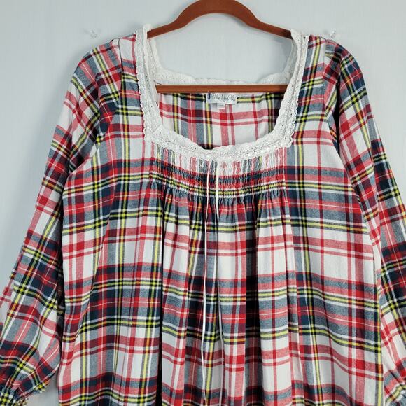 The 1 For U Plaid Flannel Lace Trim Ruffle Hem Nightgown sz M red multi classic - Picture 2 of 9